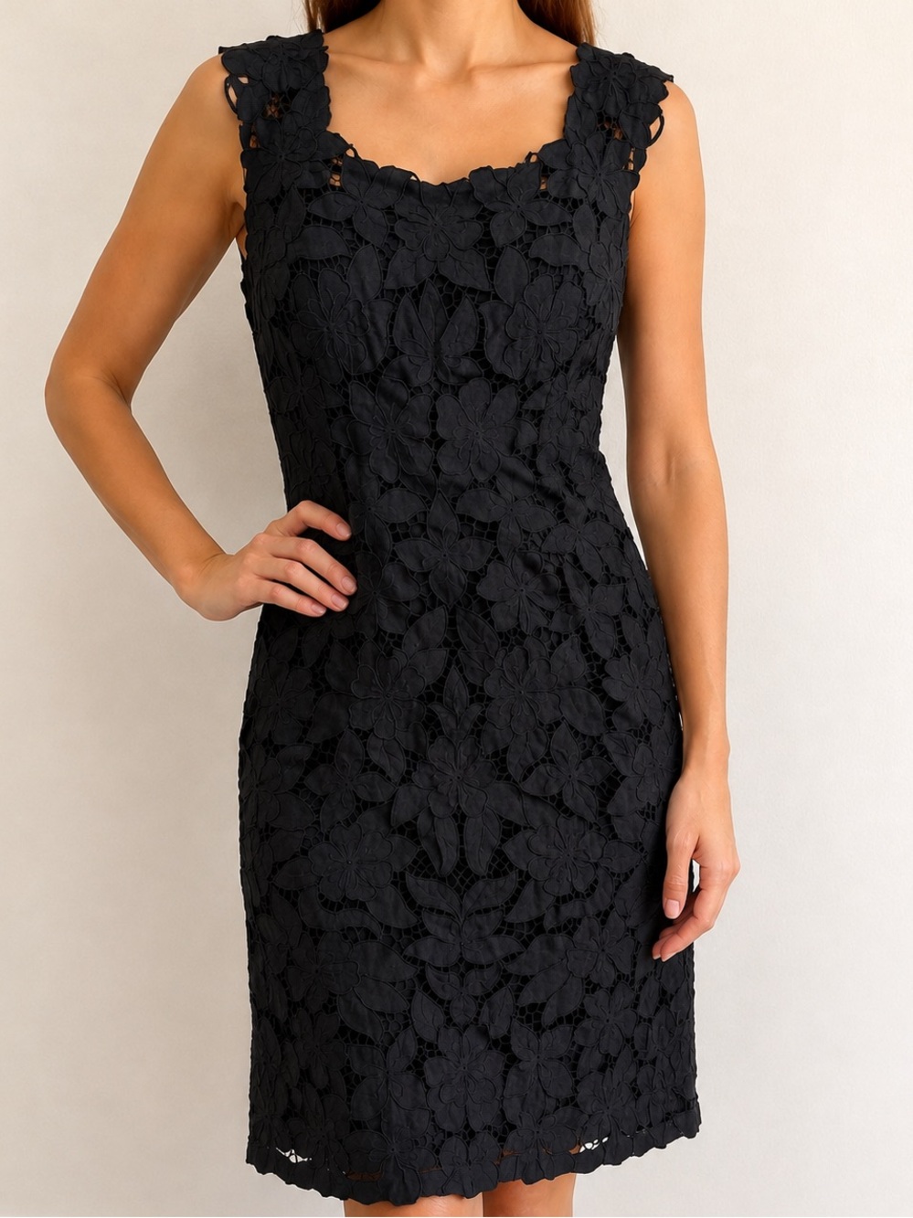 Rickie Freeman Teri Jon Floral Lace Sheath Cocktail Dress Black Size 8